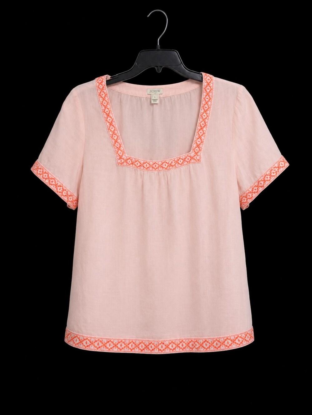 J. Crew Peach Linen Square-Neck Short Sleeve Top with Coral Trim